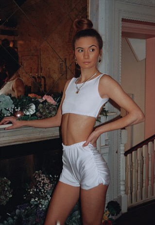 WHITE LYCRA RUCHED HIGH WAISTED SHORTS