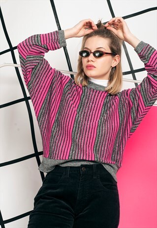 80S VINTAGE STRIPED KNIT JUMPER IN PINK