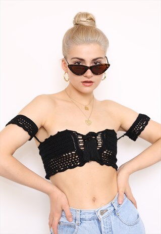 BLACK CROCHET OFF THE SHOULDER SUMMER FESTIVAL CROP TOP