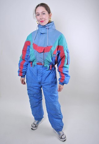 80S MULTICOLOR ONE PIECE SKI SUIT, VINTAGE BLUE SNOW SUIT