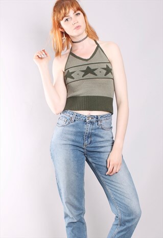 VINTAGE 90S OLIVE GREEN STAR KNIT HALTERNECK TOP