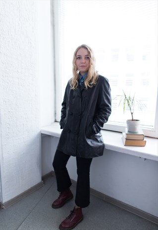 VINTAGE 80'S BLACK LEATHER DOUBLE BREASTED COAT