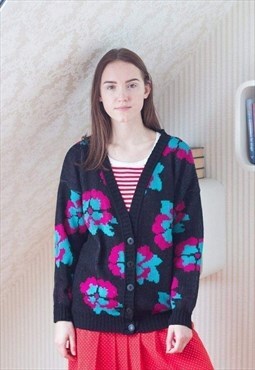 Black knitted floral vintage wool cardigan