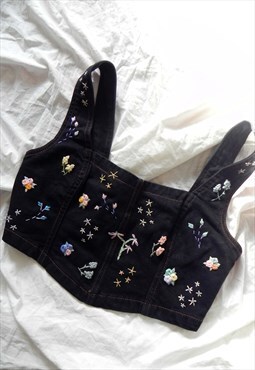 REWORKED Hand Embroidery Denim Corset Floral Ditsy Crop Top