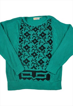 Vintage Sweater Retro Pattern Green/Black Ladies Large