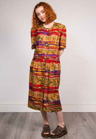 90'S VINTAGE TRIBAL FESTIVAL PATTERN MIDI DRESS