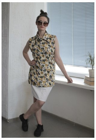 VINTAGE 80'S YELLOW PATTERNED SLEEVELESS SHIRT