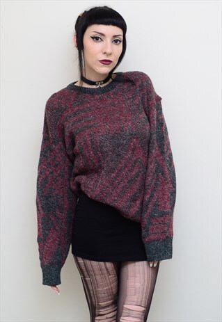 VINTAGE 90'S RETRO RED GREY ABSTRACT PATTERNED JUMPER