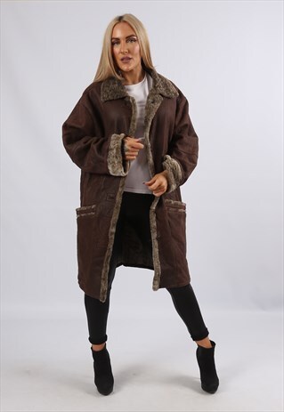 VINTAGE SHEEPSKIN LEATHER SHEARLING COAT MID UK 18 2XL (9J4Y