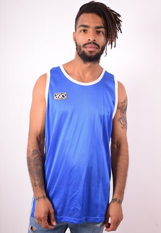 ASICS MENS VINTAGE JERSEY VEST TOP MEDIUM BLUE 90S