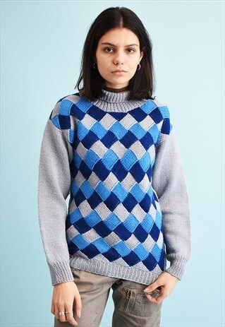 80'S RETRO CHECKED PATTERN KNIT JUMPER