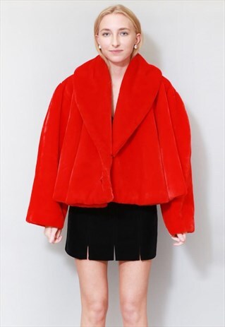 VINTAGE 1980'S CHERRY RED FAUX FUR SWING COAT