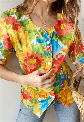 VINTAGE 80S PAINTED FLOWER PRINT PARISIAN CHIC BLOUSE TOP