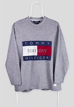 Vintage Tommy Hilfiger Grey Sweatshirt Spell Out Flag Logo M