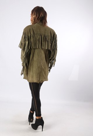 TASSEL FRINGE JACKET SUEDE LEATHER BOHEMIAN UK 12 (BEDU)