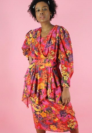 VINTAGE 80S FLORAL DRESS Y2K FLOWY RED PINK YELLOW WITH BELT