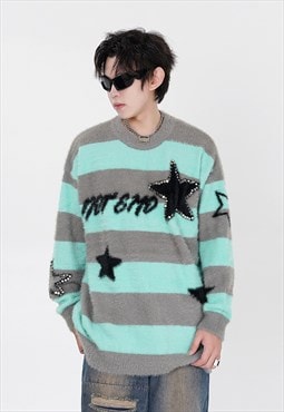 Striped sweater fluffy punk jumper Gothic fuzzy top in green