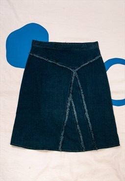 Vintage Denim Skirt Y2K Patchwork Middle Rise Midi in Blue