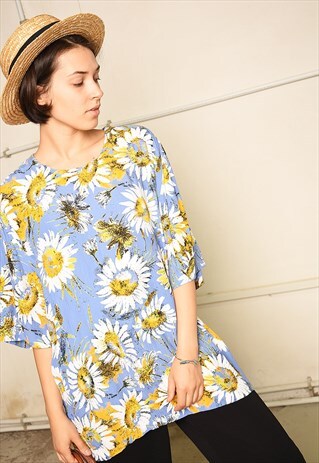 90'S RETRO DAISY PRINT FESTIVAL PARIS CHIC BLOUSE TOP
