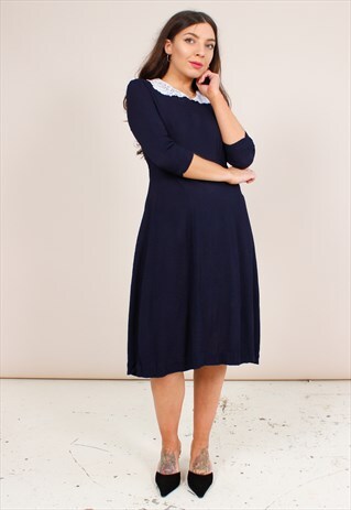 VINTAGE 40S NAVY CREPE MIDI DRESS WITH LACE COLLAR