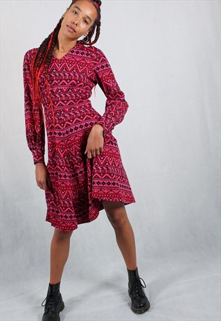 70'S PINK AZTEC PRINT LONG SLEEVE DRESS