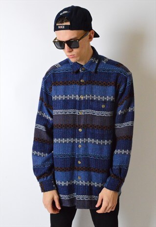 VINTAGE 90S NAVY BLUE AZTEC WOOL BLEND LONG SLEEVE SHIRT