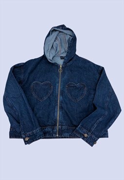 Dark Wash Blue Heart Pocket Hood Zip Casual Denim Jacket
