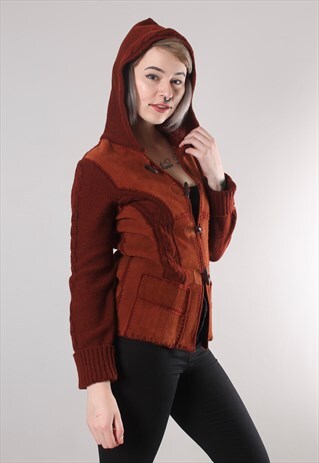 VINTAGE 70S SUEDE PATCHWORK CABLE KNIT HOODED TOGGLE JACKET