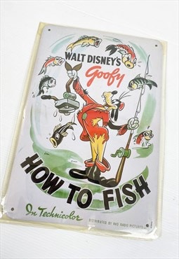 Vintage 80s tin art wall Goofy's How to Fish 