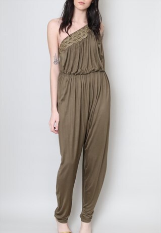 70'S VINTAGE LADIES JUMPSUIT GRECIAN GREEN ONE SHOULDER MAXI