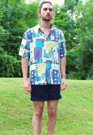 VINTAGE 80S ART AZTEC NERD SHIRT - LARGE - FESTIVAL - HIPPIE