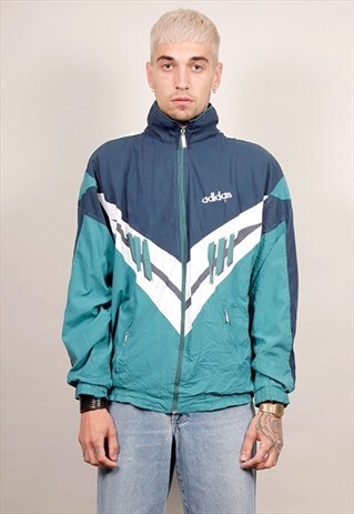 VINTAGE 80'S ADIDAS BLUE/GREEN GRAPHIC STRIPED SPORTS JACKET