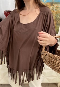 Vintage 90s Boho cape poncho jacket in brown faux suede