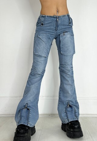 Vintage 90s Jeans Utility Cargo Bootcut Flare Zips Grunge 