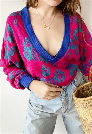 VINTAGE 80S BOHEME LONGLINE KNIT FLORAL JUMPER SWEATESHIRT