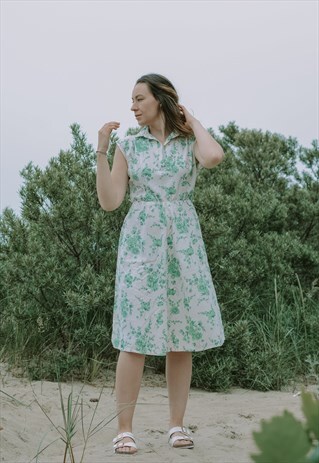 LINEN FLORAL DRESS VINTAGE WHITE GREEN PRINTED ELASTIC WAIST