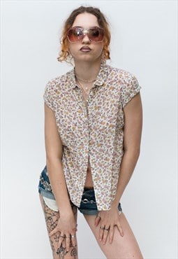 90's Vintage cute floral print button-down blouse in white