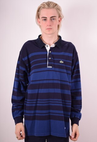 LACOSTE MENS VINTAGE POLO SHIRT LONG SLEEVE XL BLUE STRIPES