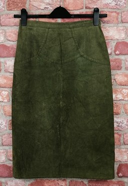 Vintage 80s Green Suede Leather Midi Staright Pencil Skirt