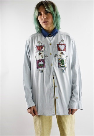 VINTAGE 90S CANDY-STRIPED SHIRT WITH SUPER CUTE EMBROIDERY