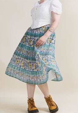 Vintage 80s Boho Blue&Floral Mini Pleated Skirt XL