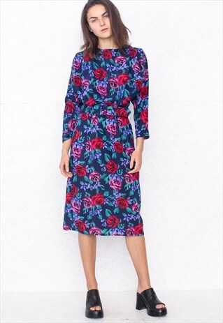 VINTAGE BLUE FLORAL RICHARDS LONG SLEEVE MIDI DRESS