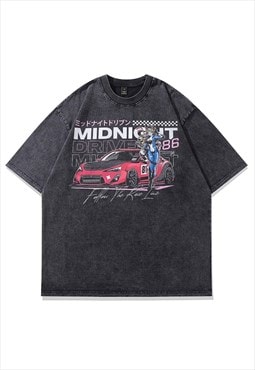 Racing t-shirt Japanese cartoon tee retro car print top grey