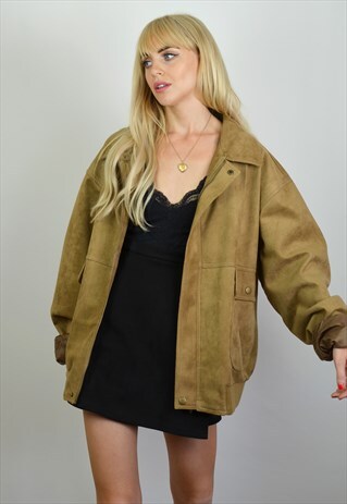 VINTAGE 90S OVERSIZED TAN BROWN FAUX-SUEDE JACKET