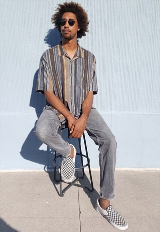 90S MINIMALIST LUXURY VERTICAL STRIPE SILK CAMP SHIRT XL