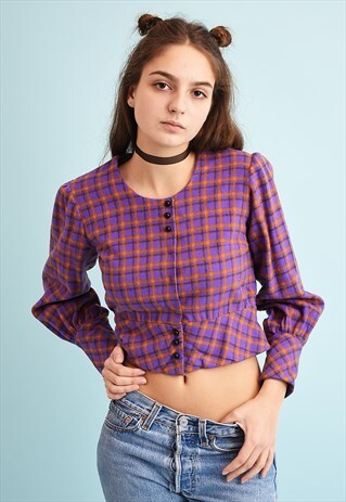 80'S RETRO CHECKED TARTAN PATTERN CROP JACKET