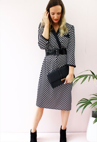 VINTAGE 80'S BLACK & WHITE STRIPED MIDI DRESS