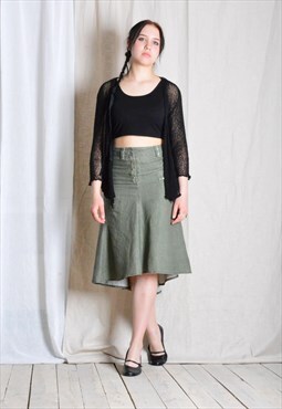 Y2K Khaki Green Linen Midi Skirt