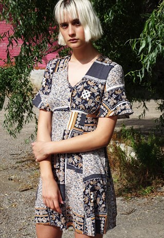 BELL SLEEVED PATCHWORK PRINT 90'S MINI DRESS