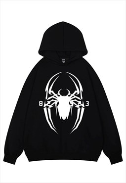 Spider print hoodie psychedelic pullover Goth top in black